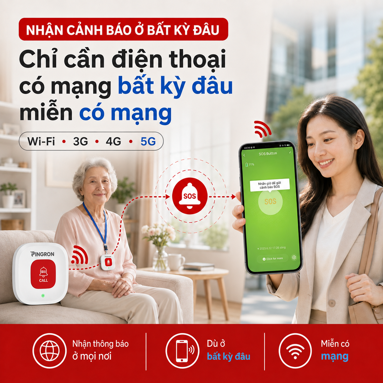 Chuông báo khẩn cấp PINGRON N01W nhận cảnh báo từ xa