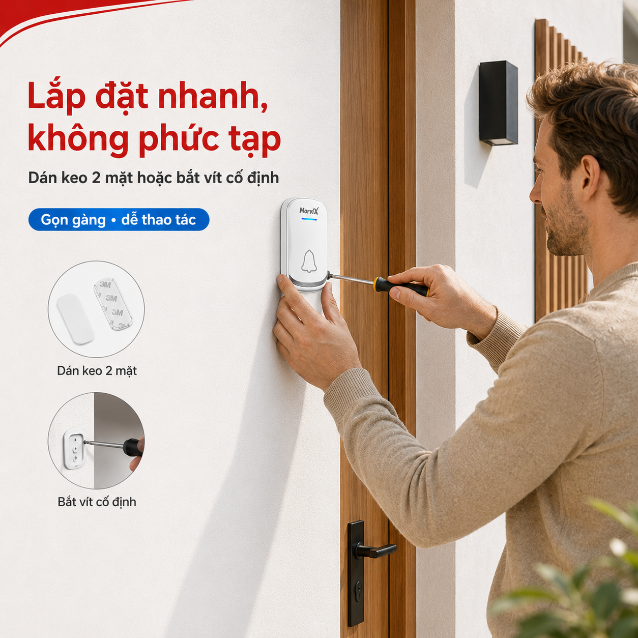 Lắp nút nhấn chuông cửa MORVIX MD01 bằng keo hai mặt hoặc bắt vít