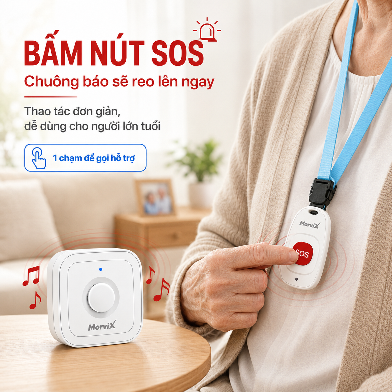 Người lớn tuổi bấm nút SOS MorviX MD02 để kích hoạt chuông gọi hỗ trợ