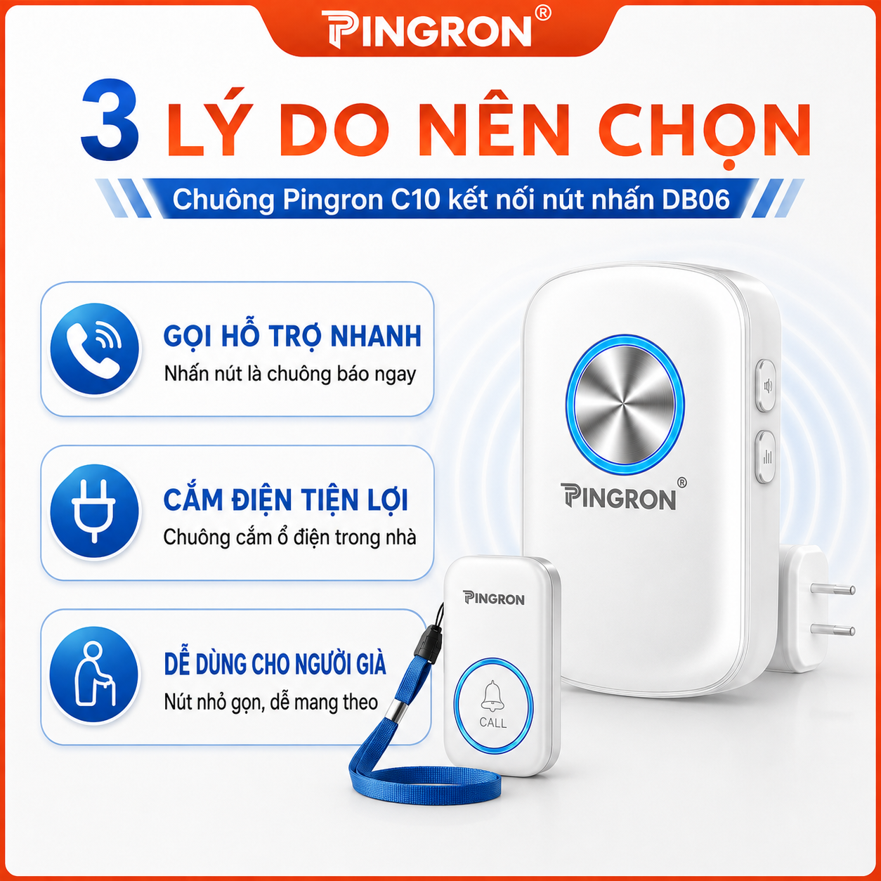 Chuông báo động khẩn cấp SOS PINGRON C10 + nút nhấn DB06 cho người già – image 2