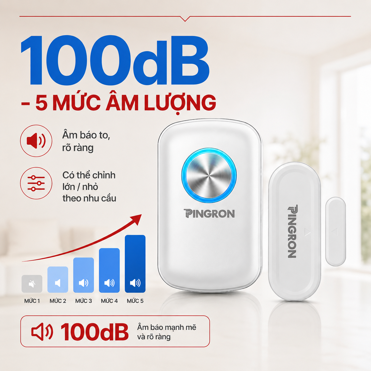 Chuông báo khách PINGRON C10 âm lượng to 100 dB với 5 mức điều chỉnh