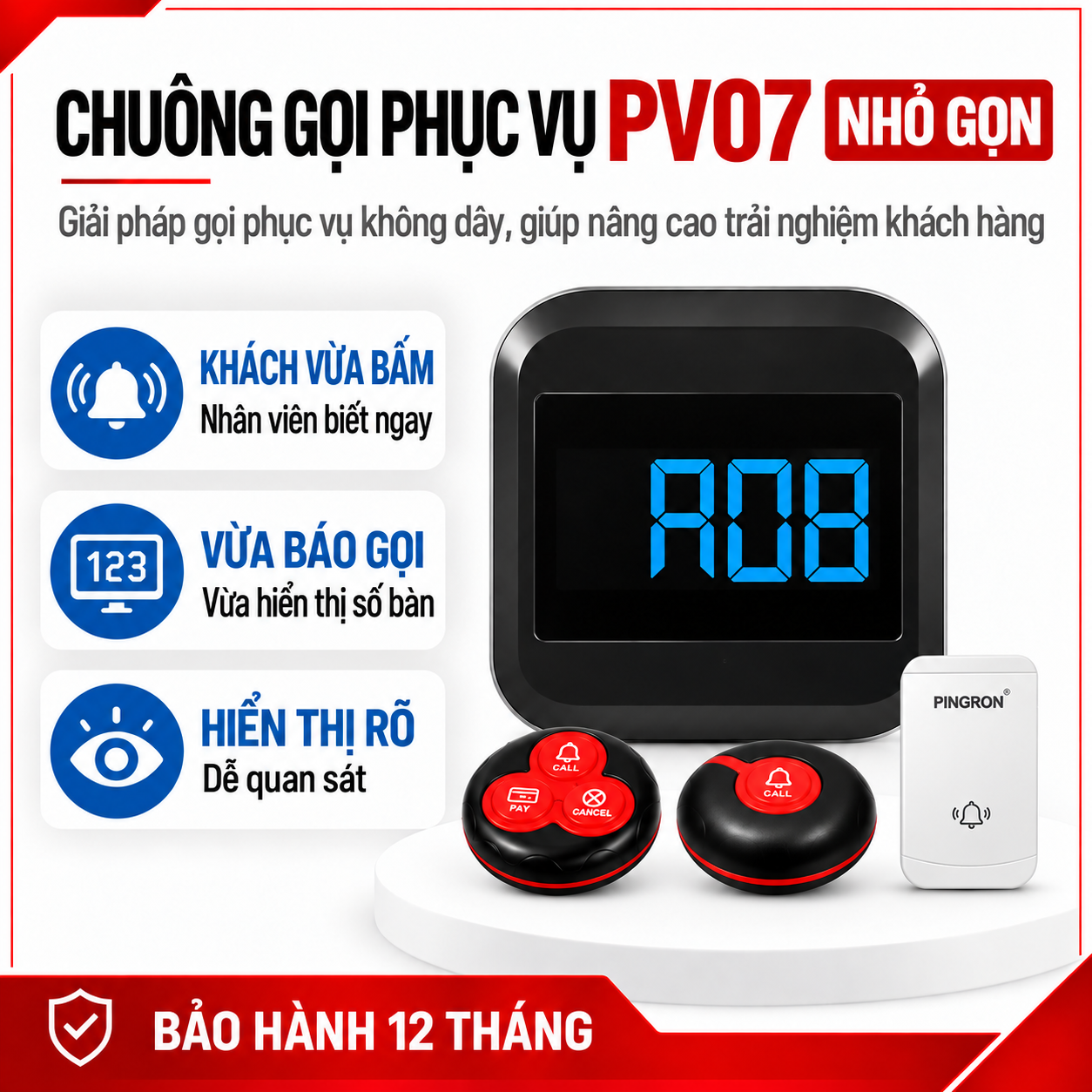 Chuông Gọi Phục Vụ PINGRON PV07 | Vừa Báo Gọi, Vừa Hiện Số Bàn, Màn Hình Nhỏ Gọn