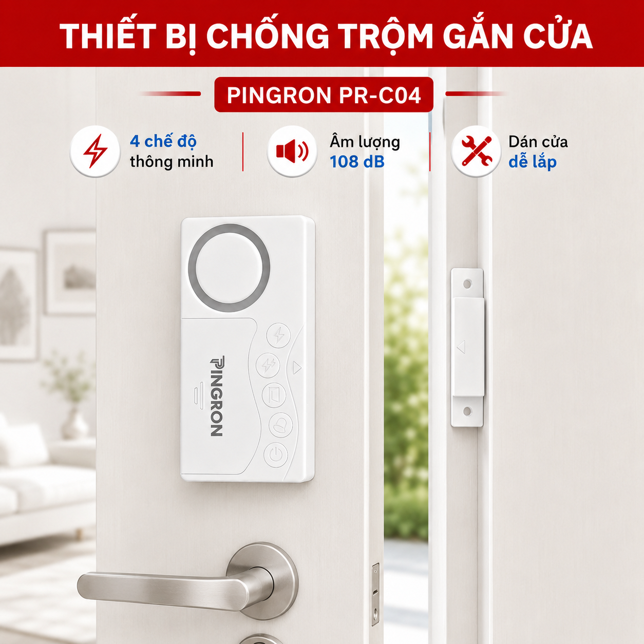 Thiết Bị Chống Trộm Gắn Cửa PINGRON C04 | Báo Động Lớn 108 dB, Nhắc Quên Đóng Cửa