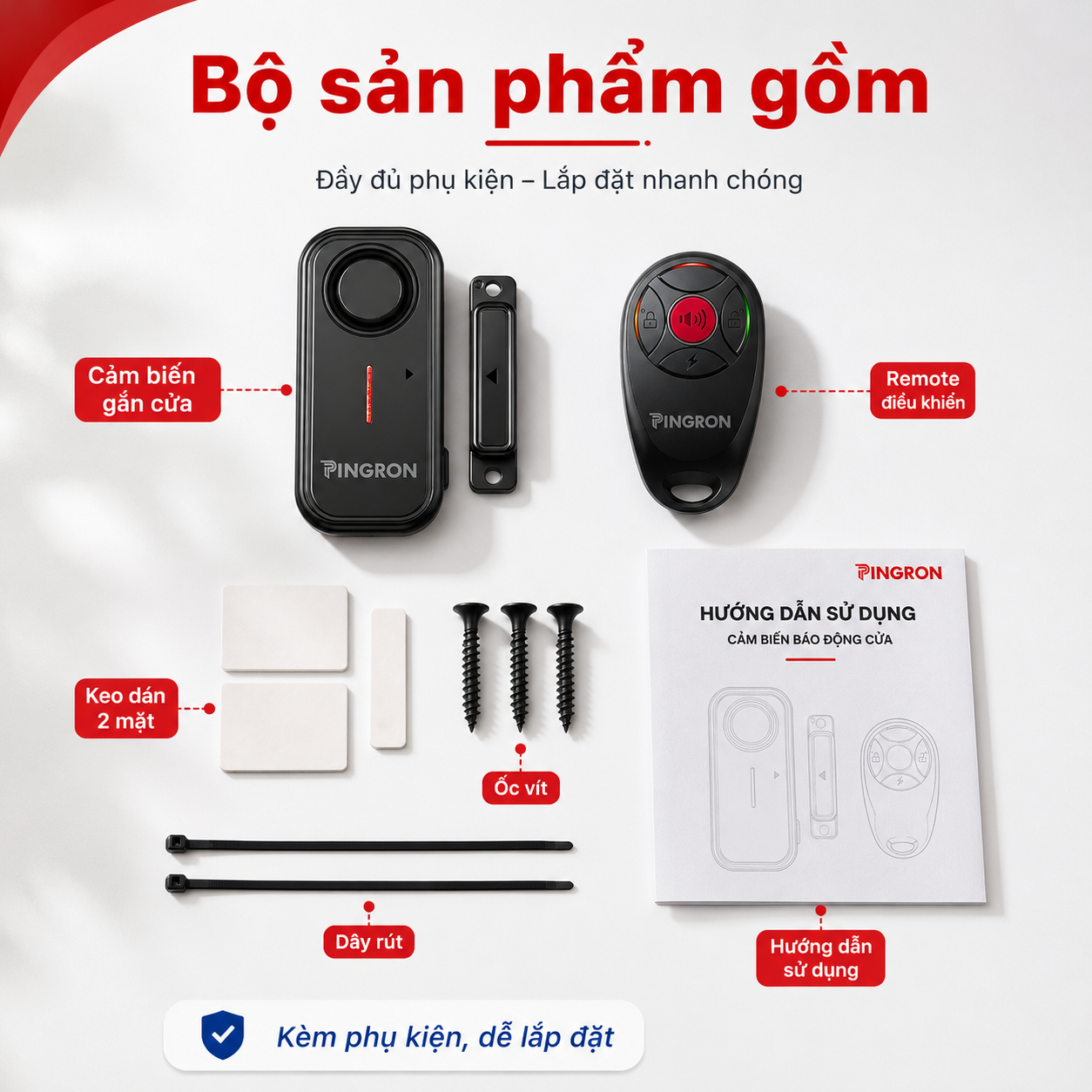 Trọn bộ thiết bị chống trộm cửa PINGRON C12 cùng remote và phụ kiện