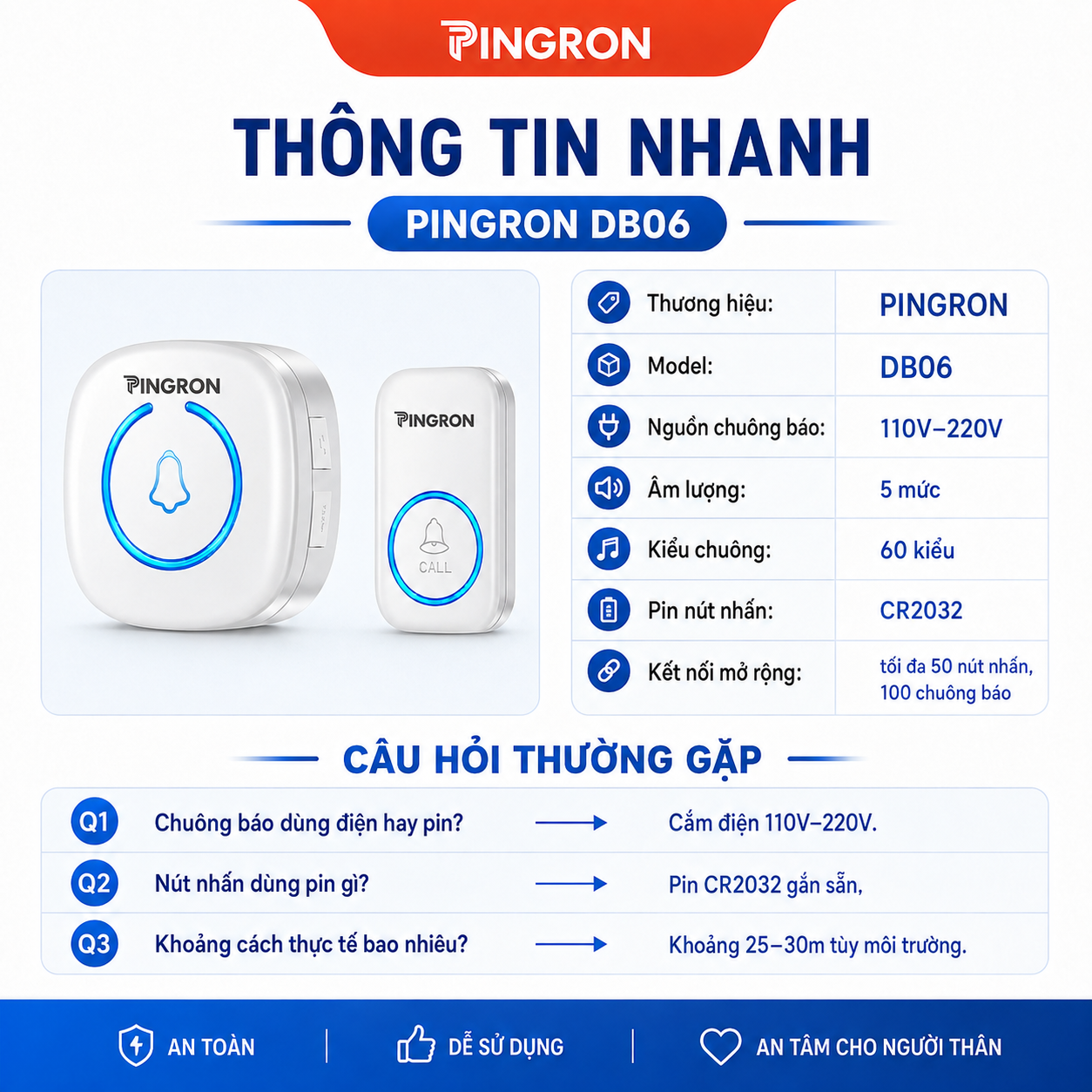 Chuông Báo Khẩn Cấp Người Già PINGRON DB06 Không Dây, Nút Nhấn Đeo Cổ, 60 Kiểu Chuông, 5 Mức Âm Lượng – ảnh 9