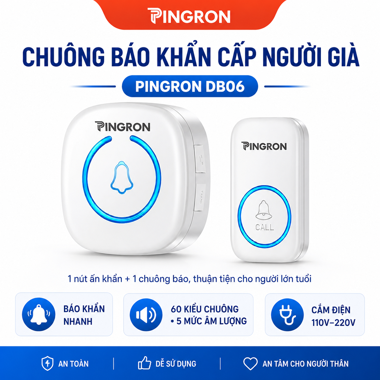 Chuông Báo Khẩn Cấp Người Già PINGRON DB06 Không Dây, Nút Nhấn Đeo Cổ, 60 Kiểu Chuông, 5 Mức Âm Lượng