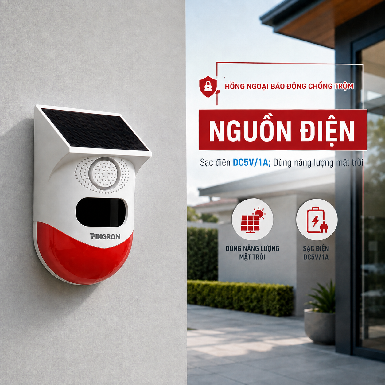 Hồng Ngoại Báo Động Chống Trộm  dùng năng lượng mặt trời hoặc sạc DC5V