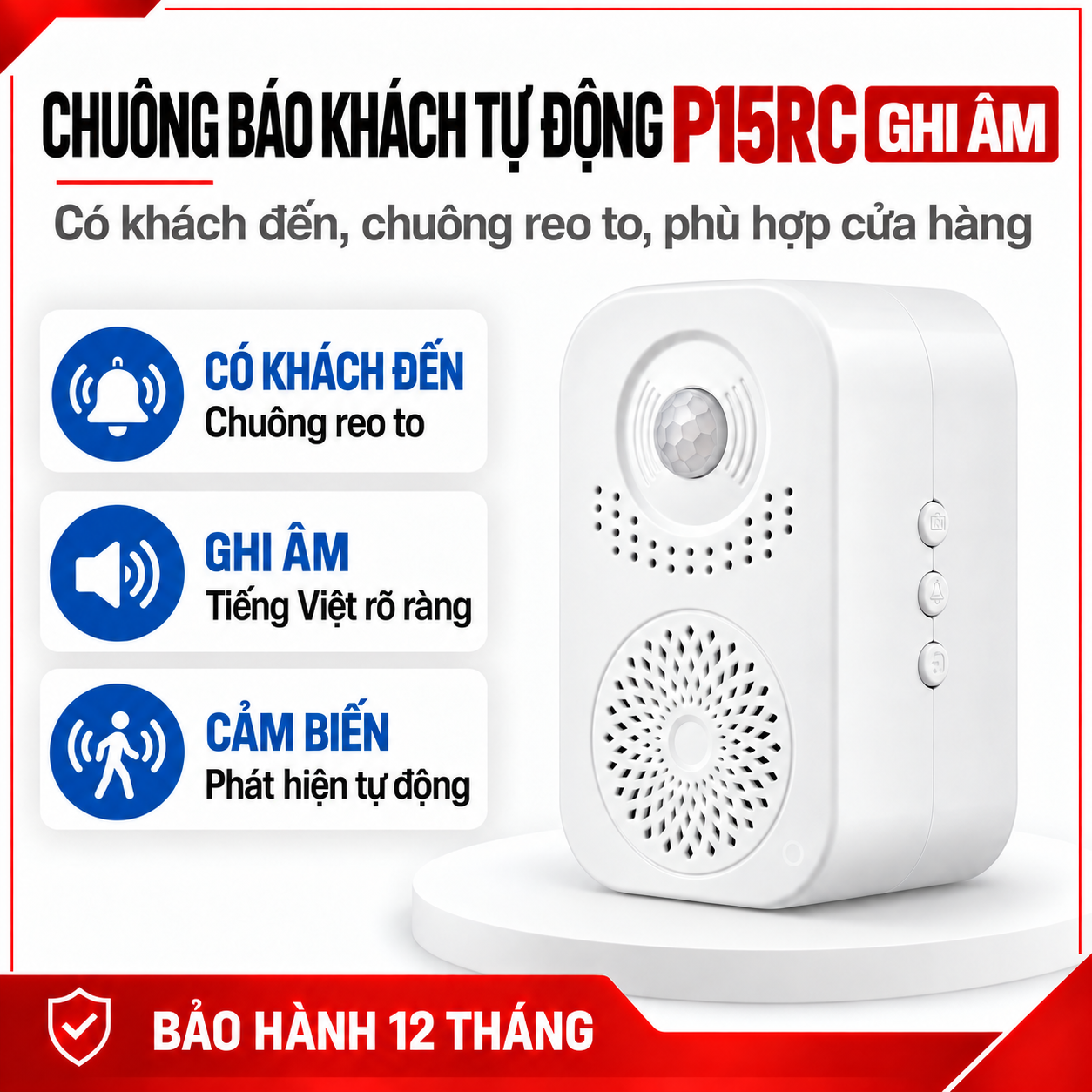 Chuông Báo Khách Tự Động PINGRON PR-P15RC Cảm Biến Hồng Ngoại, Ghi Âm Tiếng Việt