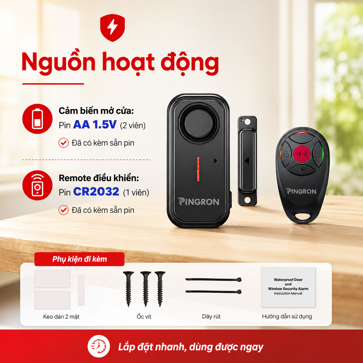 PINGRON C12 dùng 2 pin AA và remote dùng 1 pin CR2032