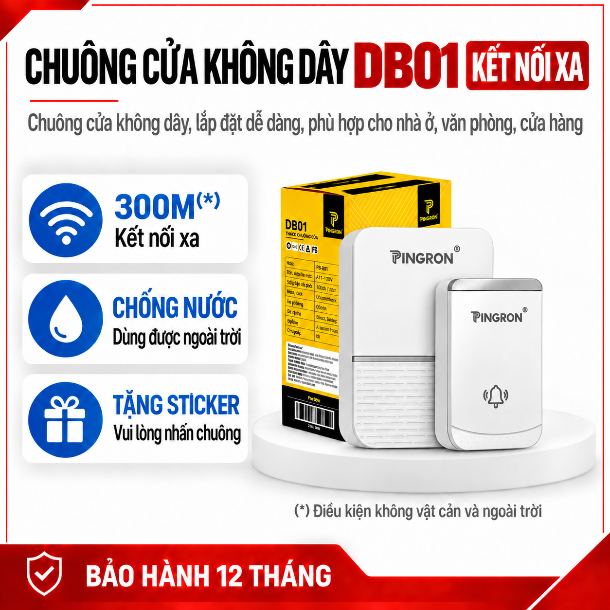 Chuông Cửa Không Dây PINGRON PR-DB01 | Chống Nước, Kết Nối Xa 300m