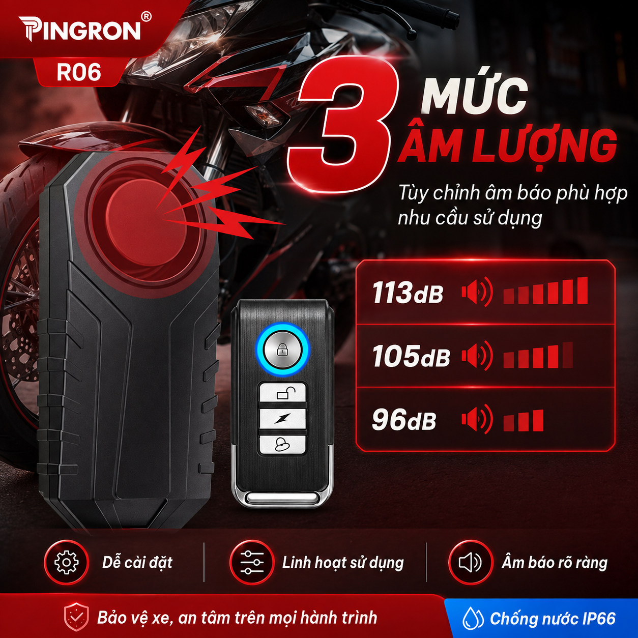 PINGRON R06 hỗ trợ 3 mức âm lượng báo động