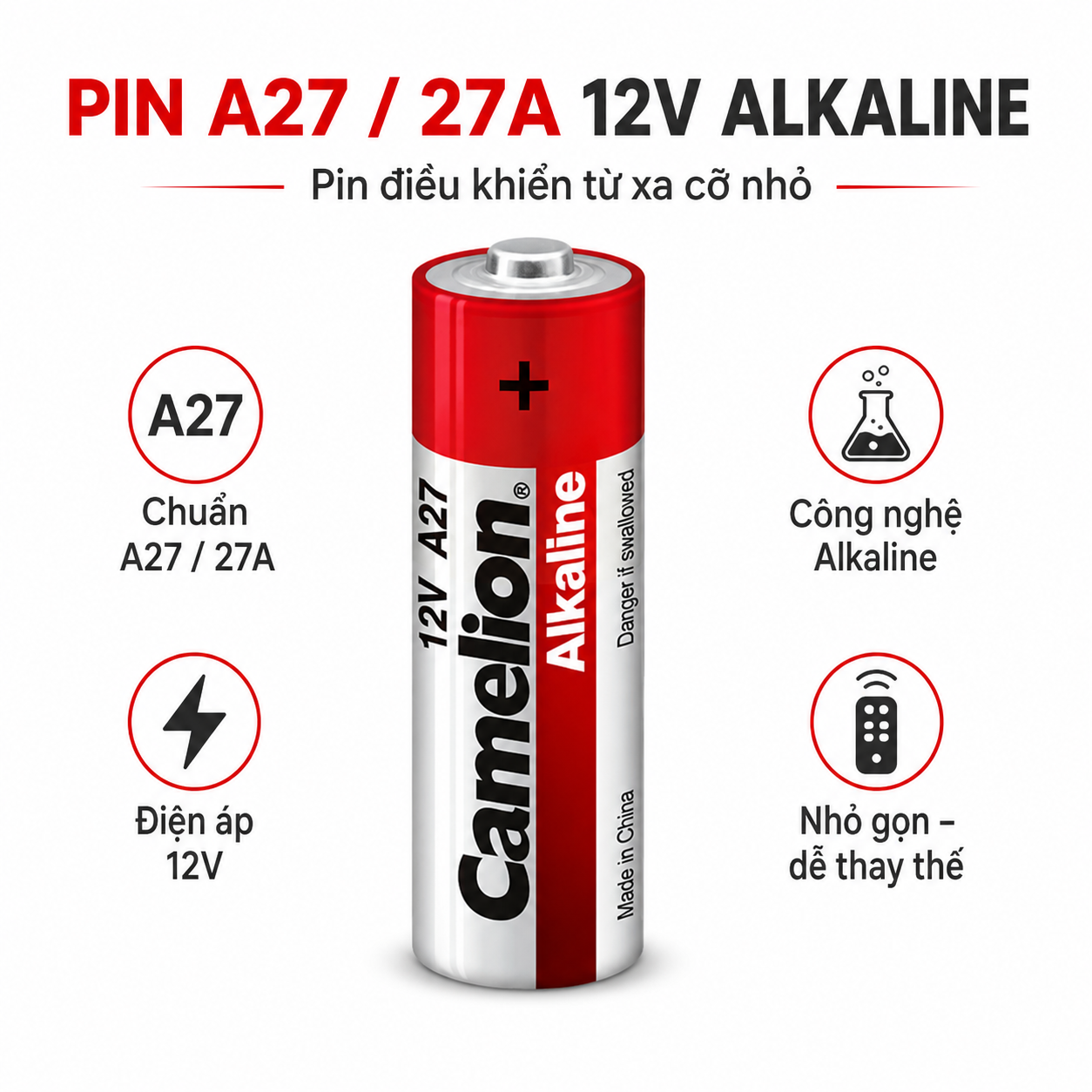 Pin 27A 12V Alkaline Camelio dùng cho remote cửa cuốn, báo động