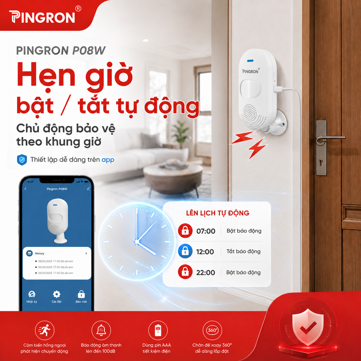 Pingron P08W hẹn giờ tự động bật tắt chế độ báo động trên điện thoại