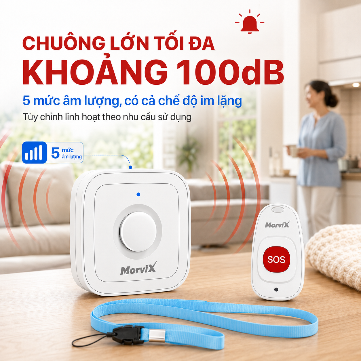 Chuông báo MorviX MD02 âm lượng tối đa khoảng 100 dB và 5 mức âm lượng