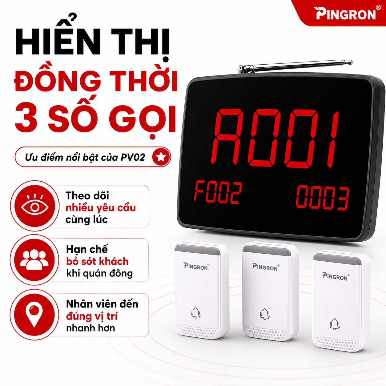 Chuông gọi phục vụ không dây PINGRON PV02 hiển thị 3 số bàn cùng lúc – ảnh 2