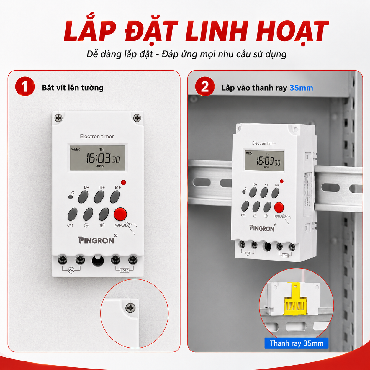 Công tắc hẹn giờ PINGRON CTH30 lắp thanh ray 35mm hoặc bắt vít lên tường