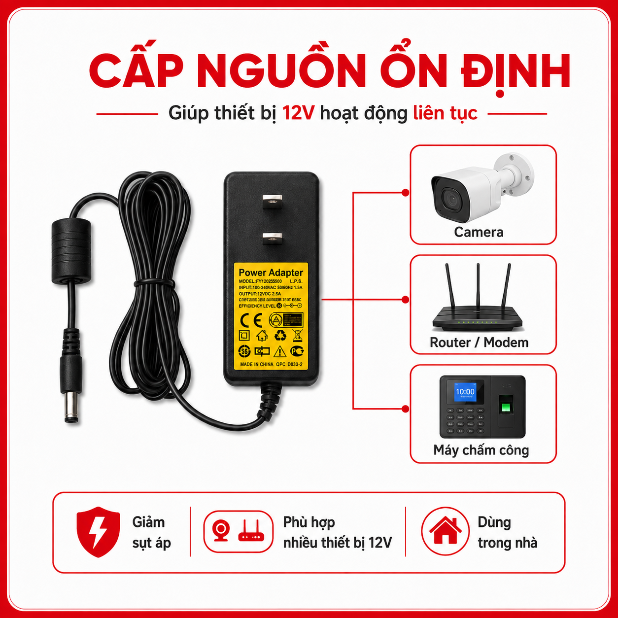 Nguồn Adapter 12V 2.5A  Sử Dụng Cho Các Thiết Bị Điện Dùng Nguồn 12V – ảnh 3