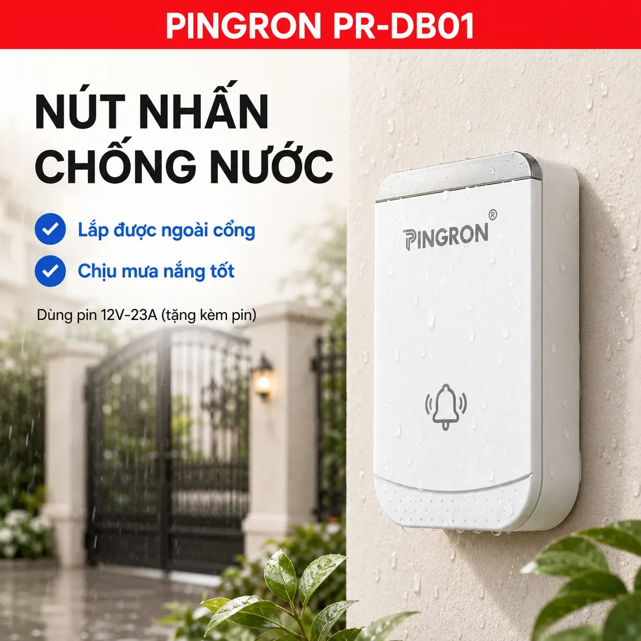 Nút nhấn chuông cửa PINGRON PR-DB01 chịu nước mưa lắp ngoài cổng