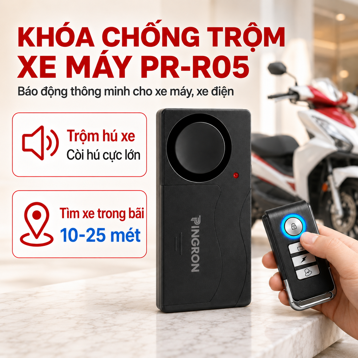 Khóa Chống Trộm Xe Máy PINGRON R05 | Còi Hú Lớn 110dB, Tìm Xe Trong Bãi