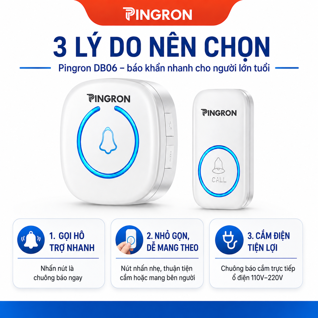 Chuông Báo Khẩn Cấp Người Già PINGRON DB06 Không Dây, Nút Nhấn Đeo Cổ, 60 Kiểu Chuông, 5 Mức Âm Lượng – ảnh 2
