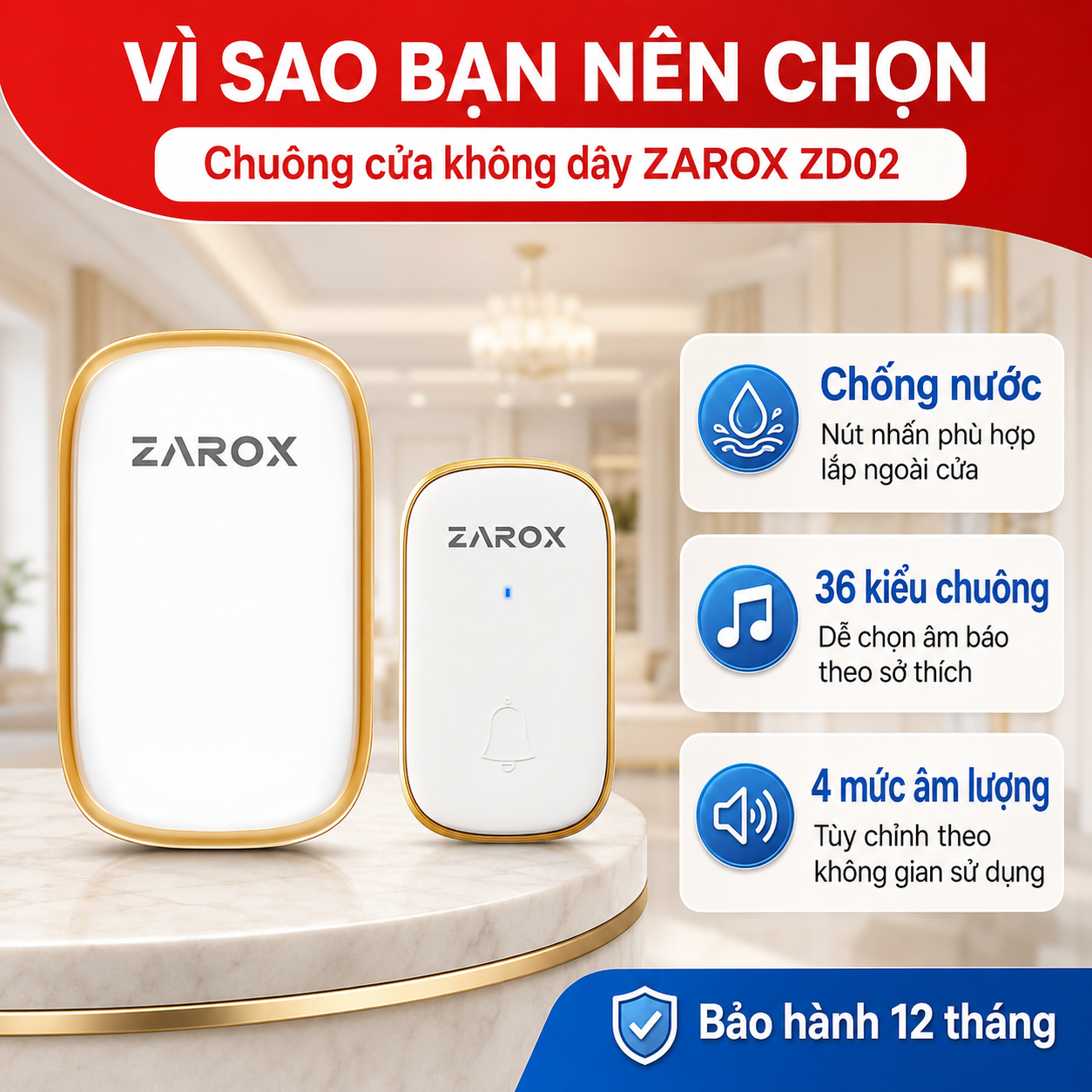 Ưu điểm chuông cửa ZAROX ZD02 chống nước 36 kiểu chuông và 4 mức âm lượng