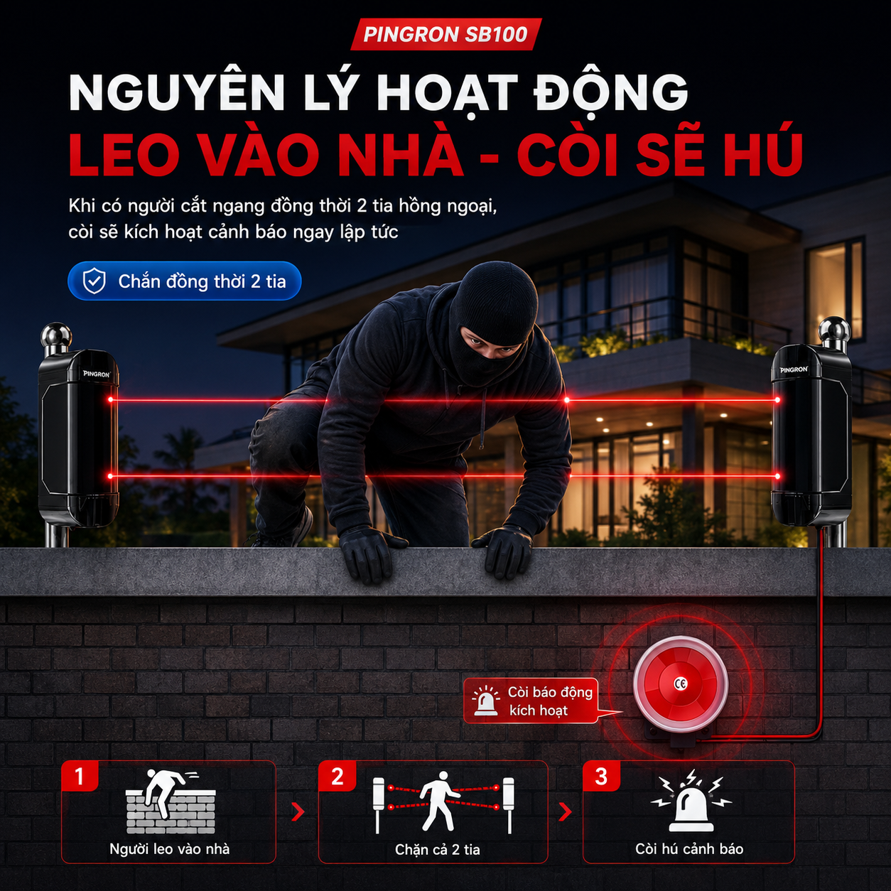 Hàng rào hồng ngoại chống trộm PINGRON SB100 – ảnh 1