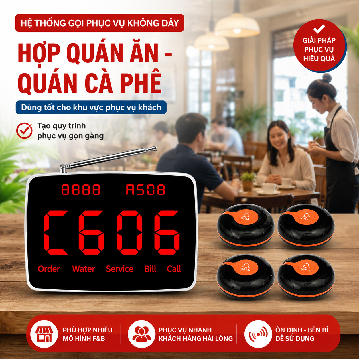 Bộ gọi phục vụ PV06 sử dụng cho nhà hàng quán ăn và quán cafe
