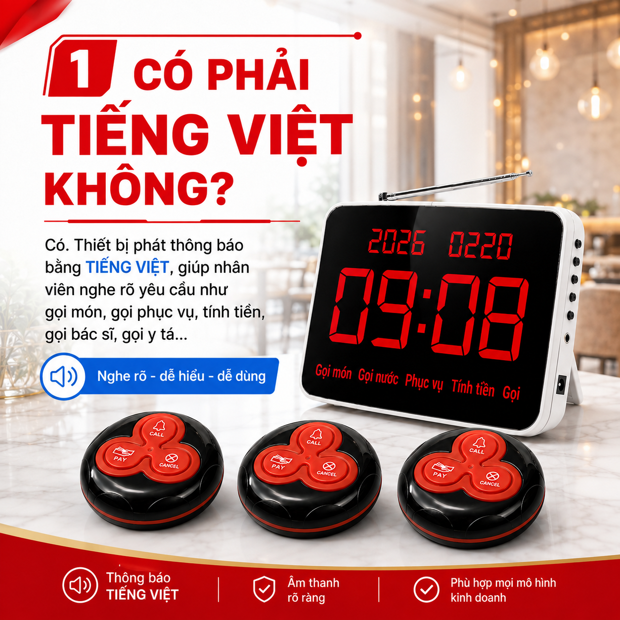 Chuông gọi phục vụ không dây PV06-TV phát thông báo bằng Tiếng Việt