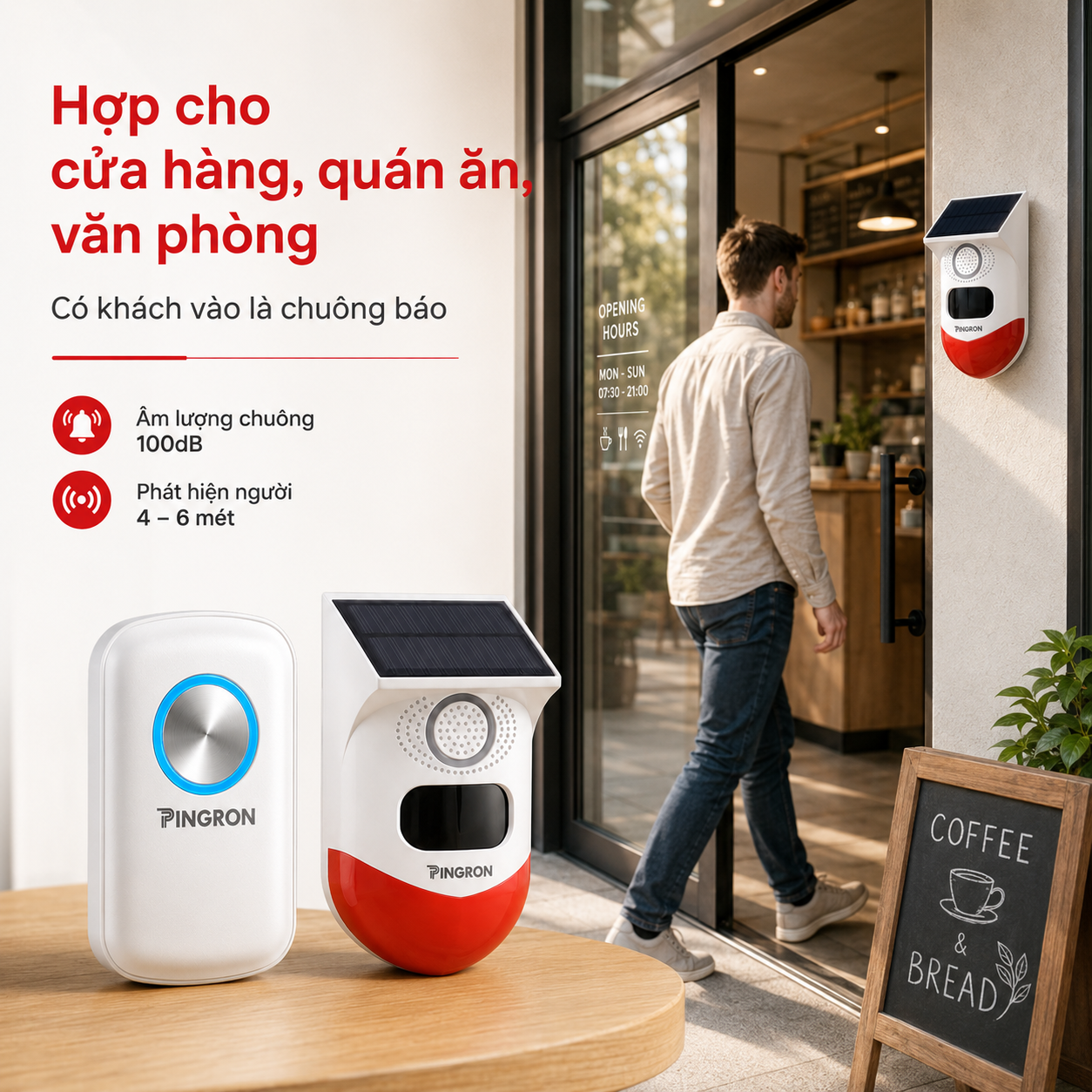 Chuông báo khách PINGRON CP10 sử dụng cho cửa hàng quán ăn và văn phòng