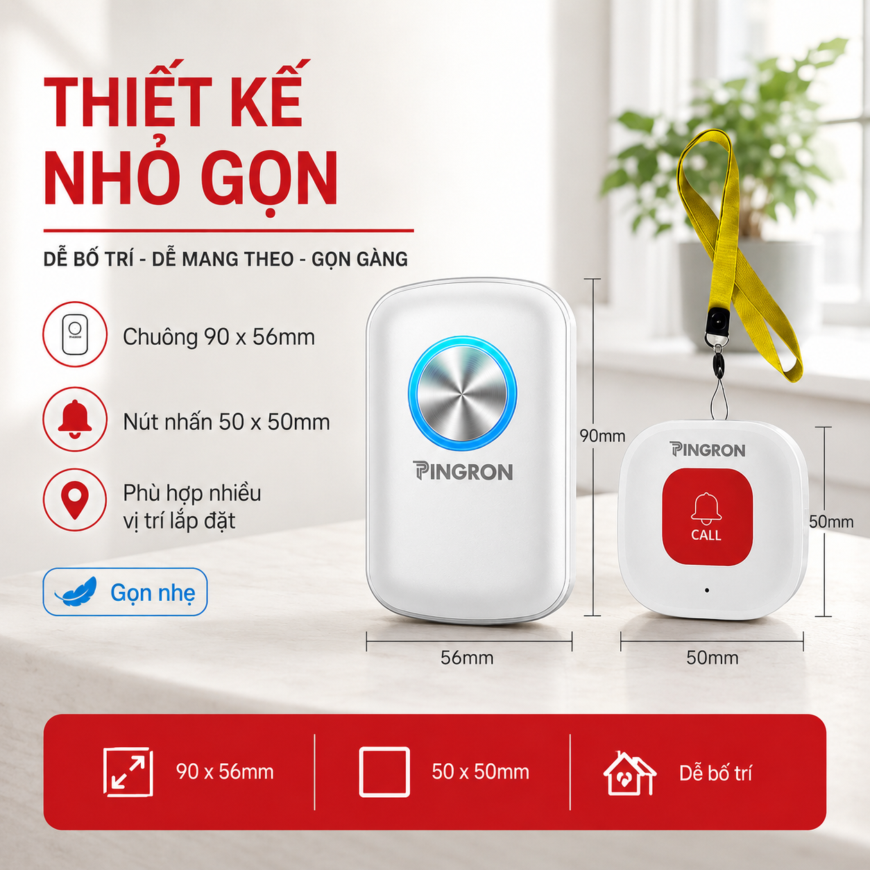 Kích thước chuông PINGRON 90 x 56 mm và nút nhấn 50 x 50 mm