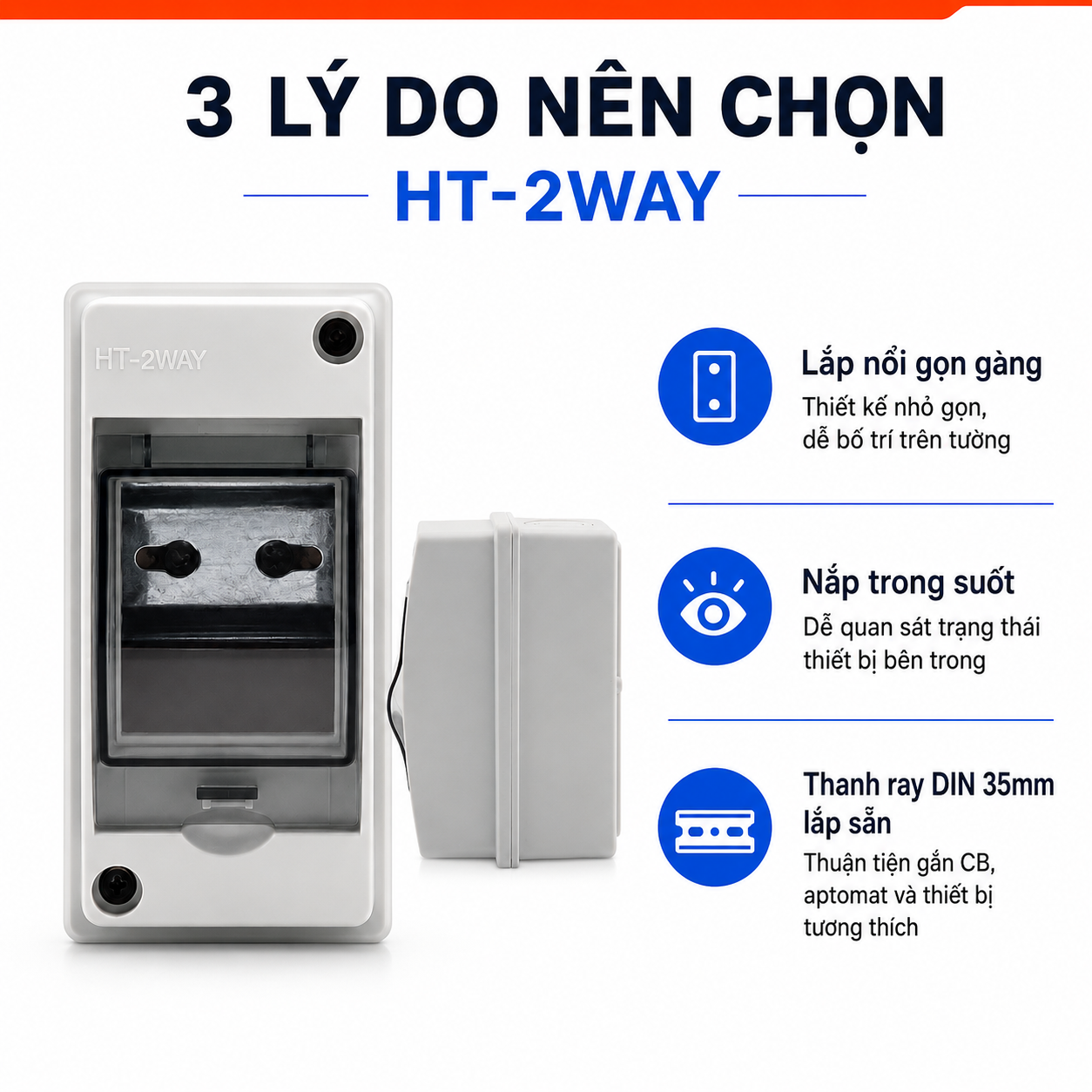 Hộp tủ điện chống nước lắp nổi HT-2WAY dùng cho CB, aptomat – ảnh 2