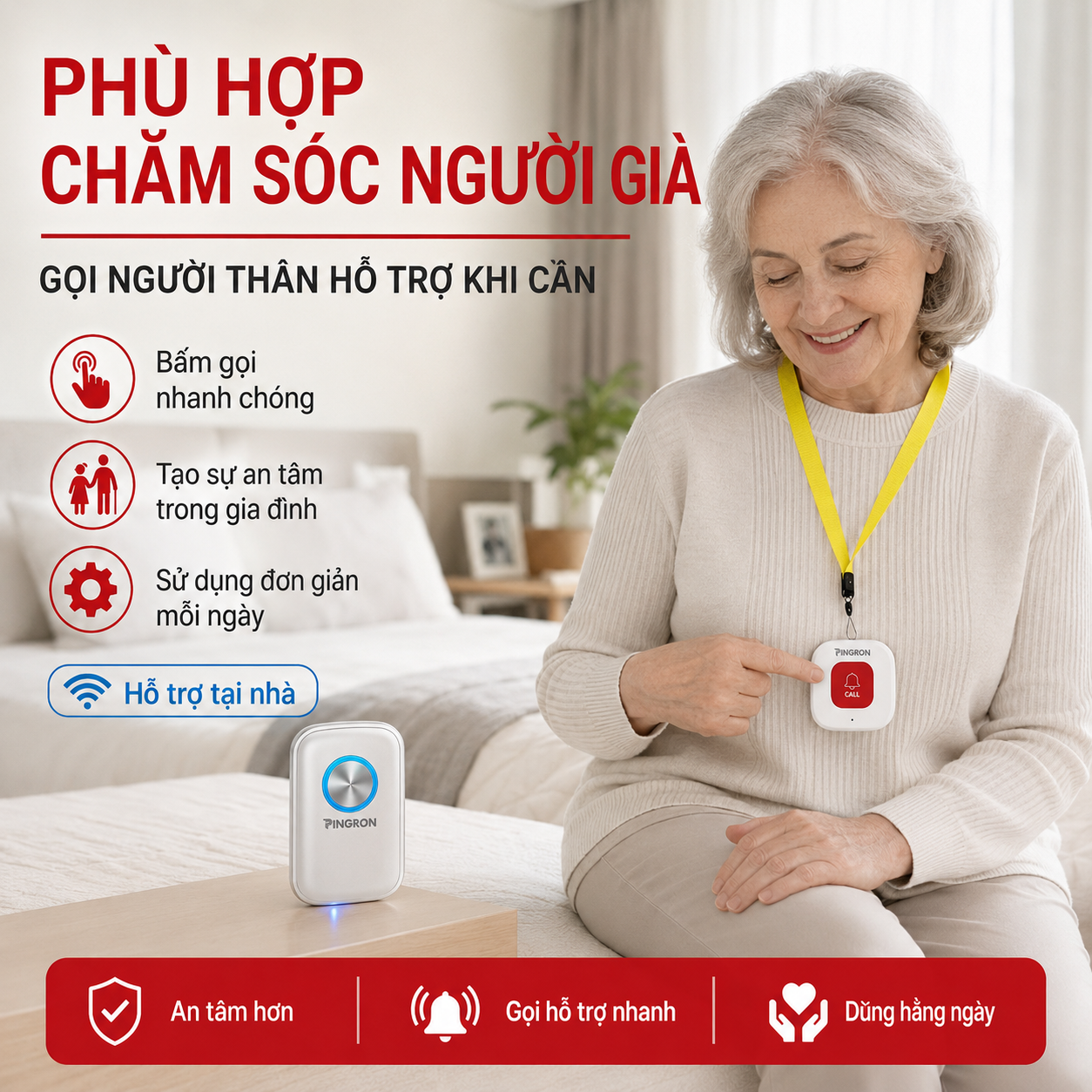 Nút gọi hỗ trợ PINGRON dùng trong chăm sóc người lớn tuổi tại nhà.