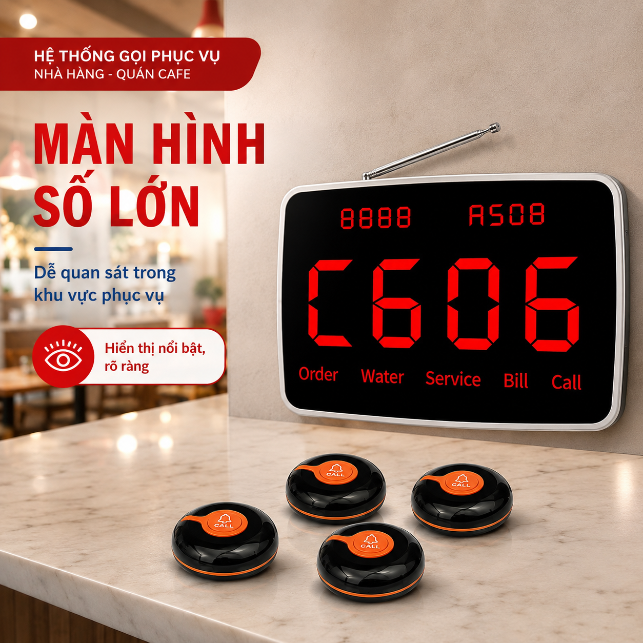 Màn hình LED bộ gọi phục vụ PV06 hiển thị số gọi rõ ràng
