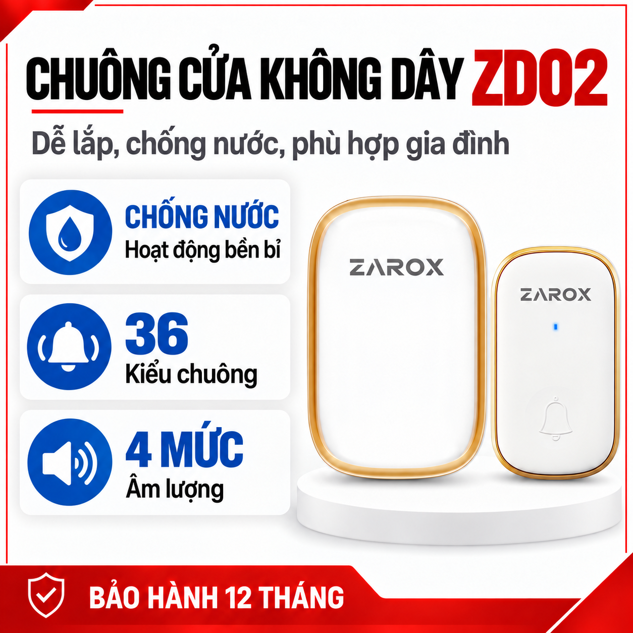 Chuông Cửa Không Dây ZAROX ZD02 | Chống Nước, 36 Kiểu Chuông