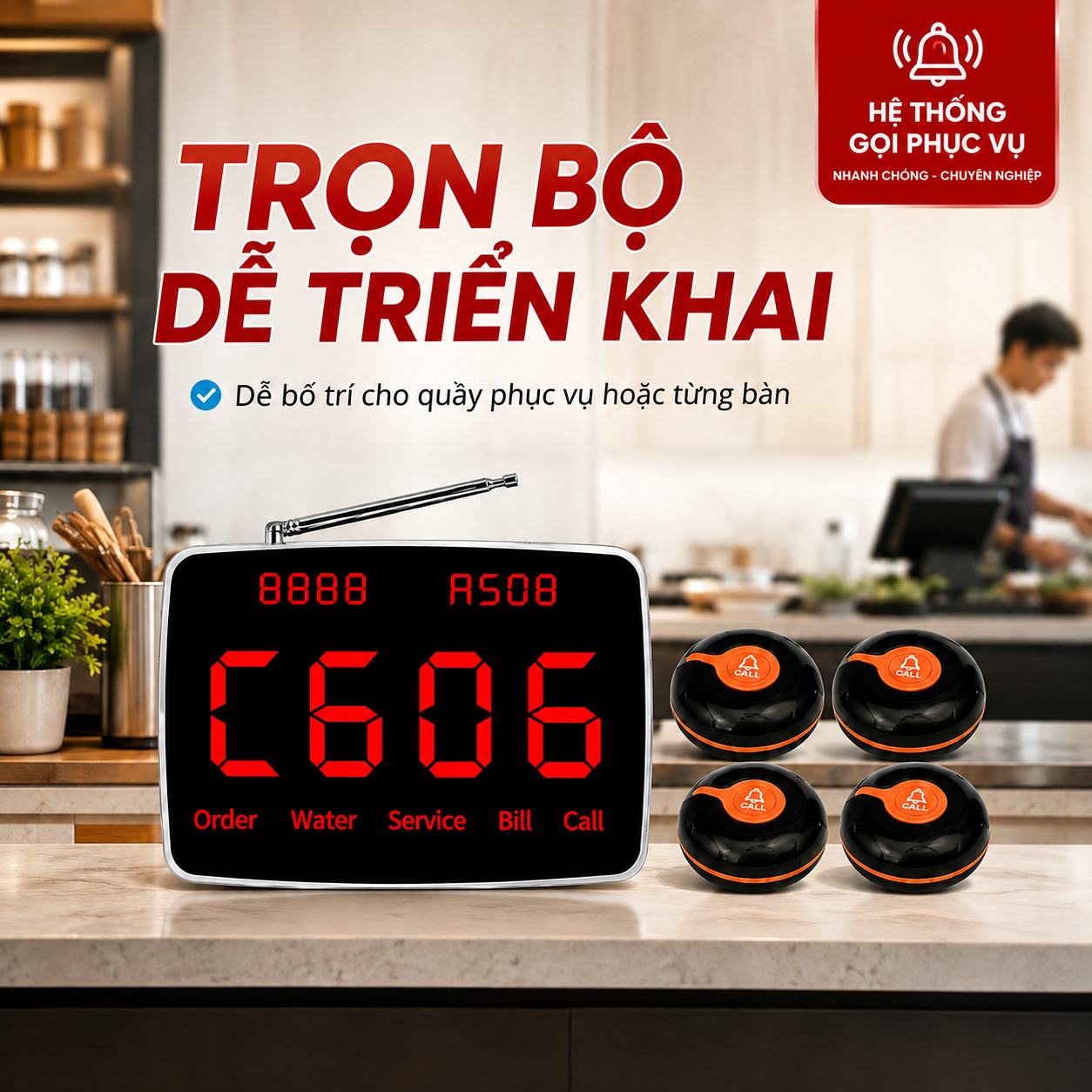 Hệ thống gọi phục vụ PV06 dễ bố trí tại quầy phục vụ và bàn khách