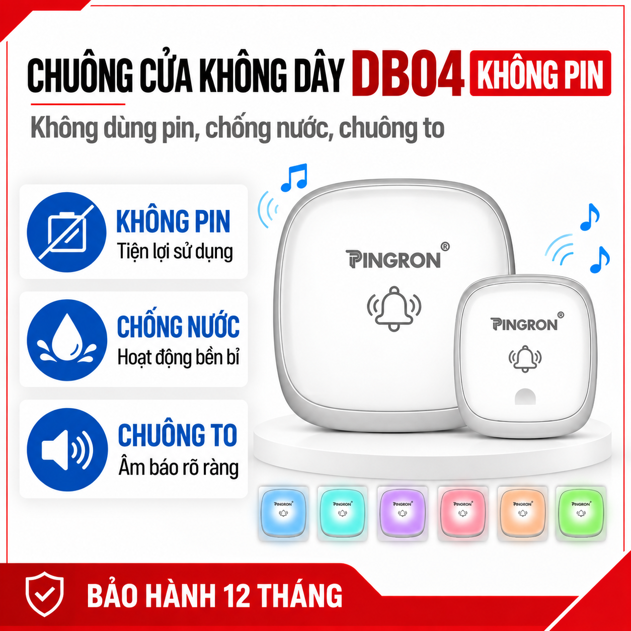 Chuông Cửa Không Dây Không Dùng Pin PINGRON DB04 | Chống Nước, 38 Kiểu Chuông