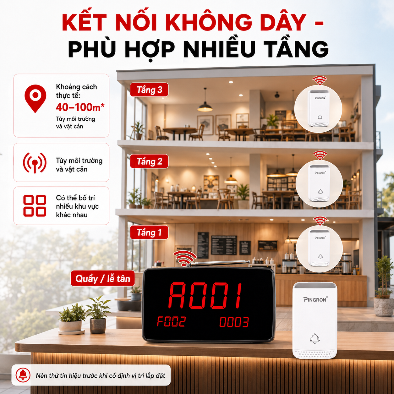 Chuông gọi phục vụ không dây PINGRON PV02 hiển thị 3 số bàn cùng lúc – ảnh 5