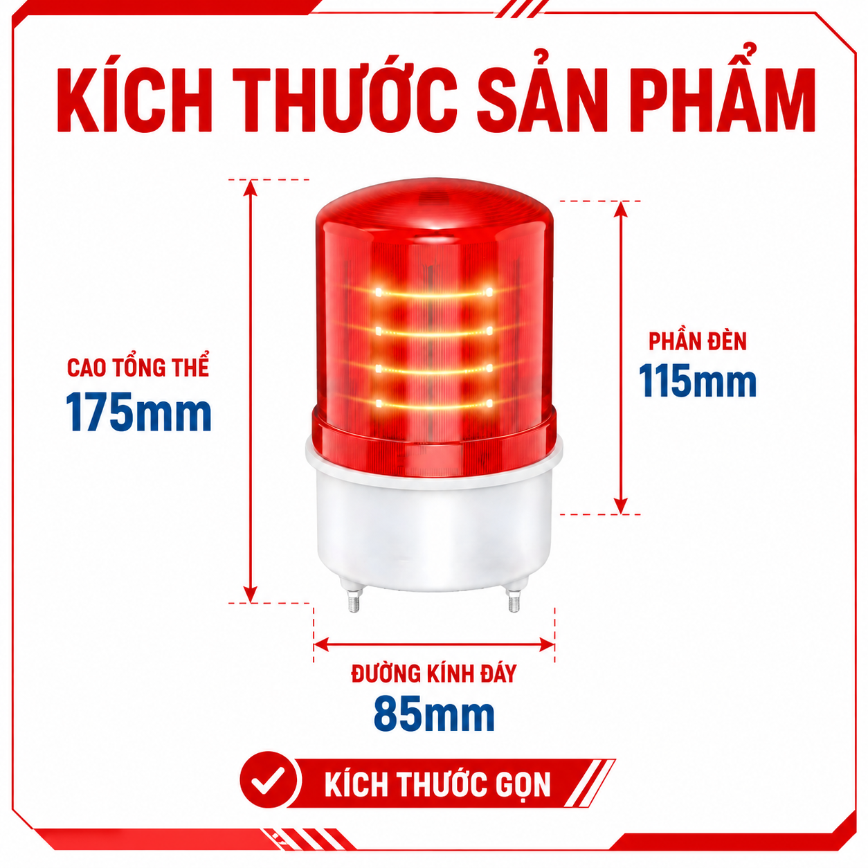 Kích thước đèn PINGRON L15 cao 175mm phần đèn 115mm đáy 85mm