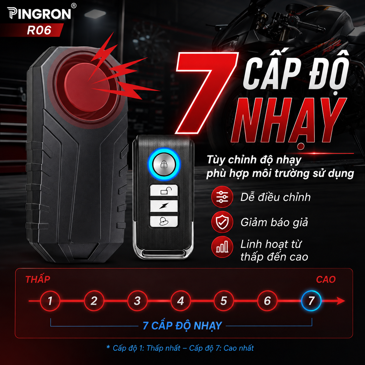 Khóa chống trộm xe máy PINGRON R06 có 7 cấp độ nhạy điều chỉnh