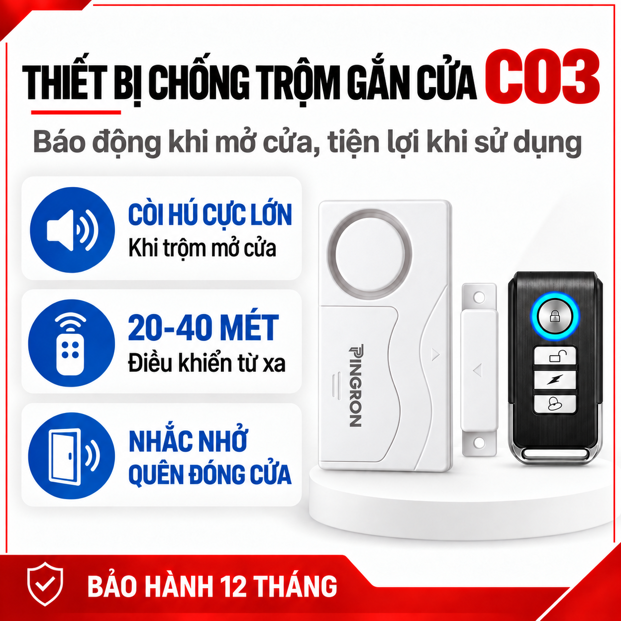 Thiết bị chống trộm gắn cửa PINGRON PR-C03, báo động 105-110dB, 3 chế độ