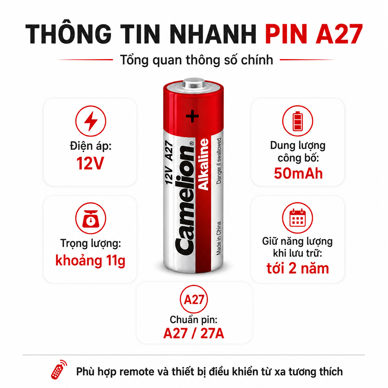 Pin 27A 12V Alkaline Camelio dùng cho remote cửa cuốn, báo động – ảnh 9