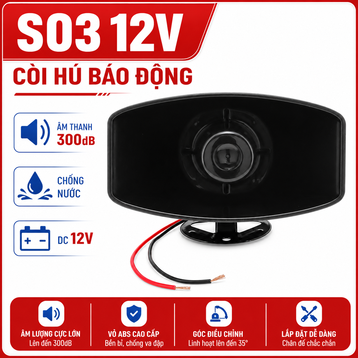 Còi Hú Báo Động Pingron S03 12V | Âm thanh lớn 300dB, Công Suất Lớn 100W