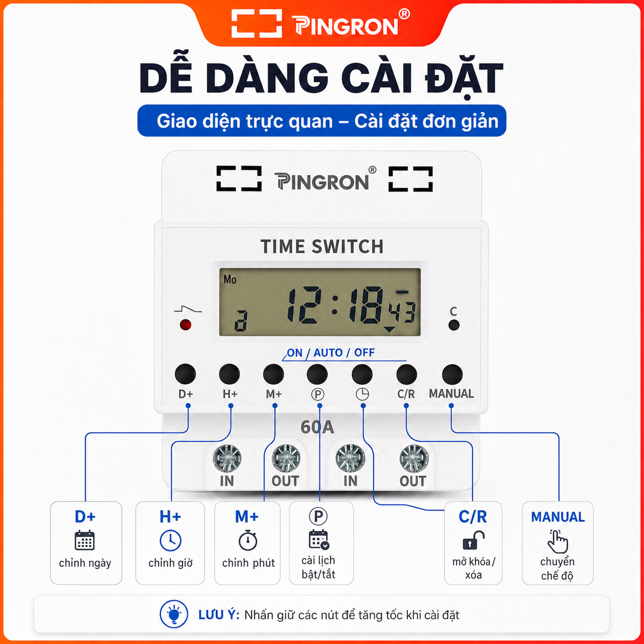 Công tắc hẹn giờ công suất lớn PINGRON HG60/HG80 220V – ảnh 5