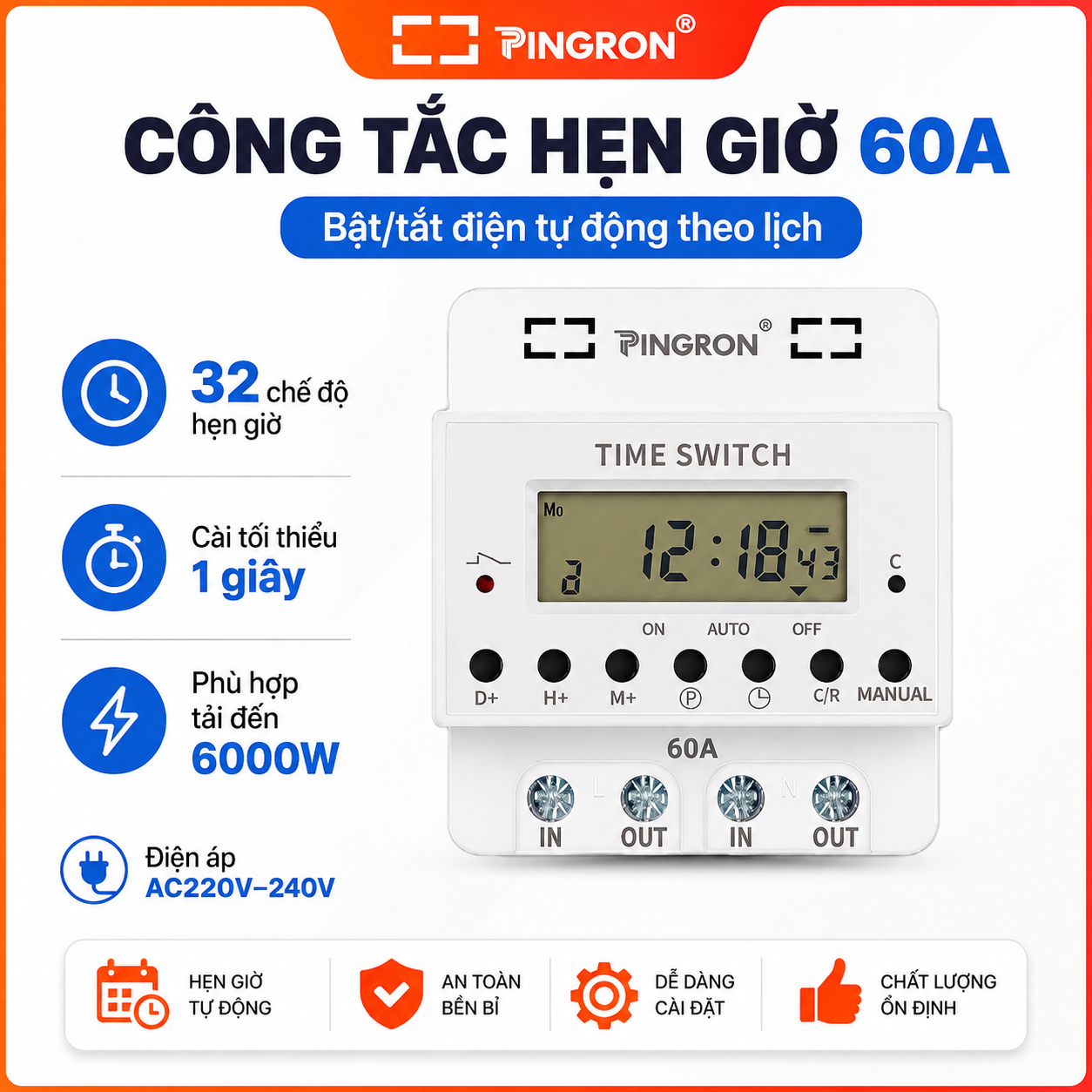 Công tắc hẹn giờ công suất lớn PINGRON HG60/HG80 220V