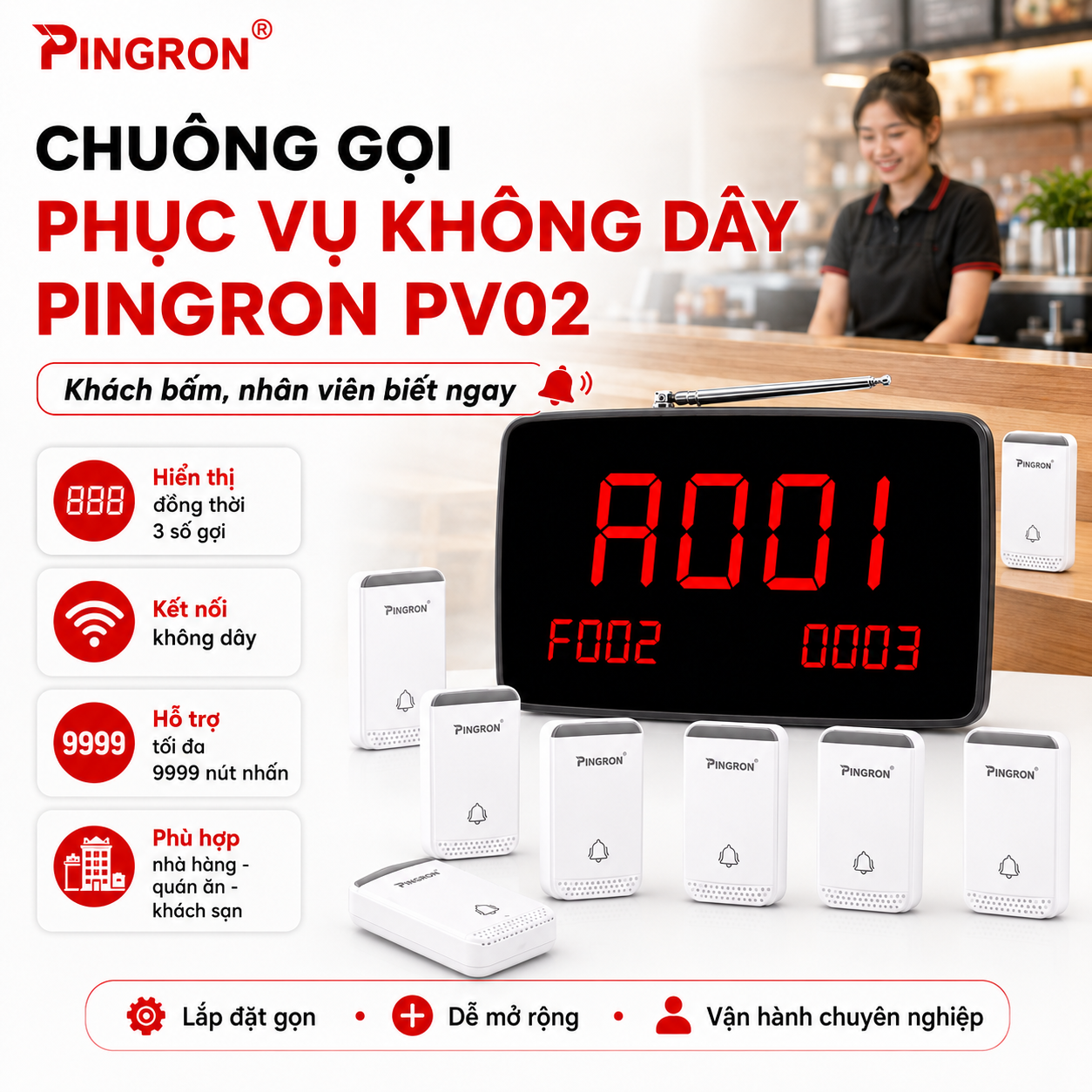 Chuông gọi phục vụ không dây PINGRON PV02 hiển thị 3 số bàn cùng lúc
