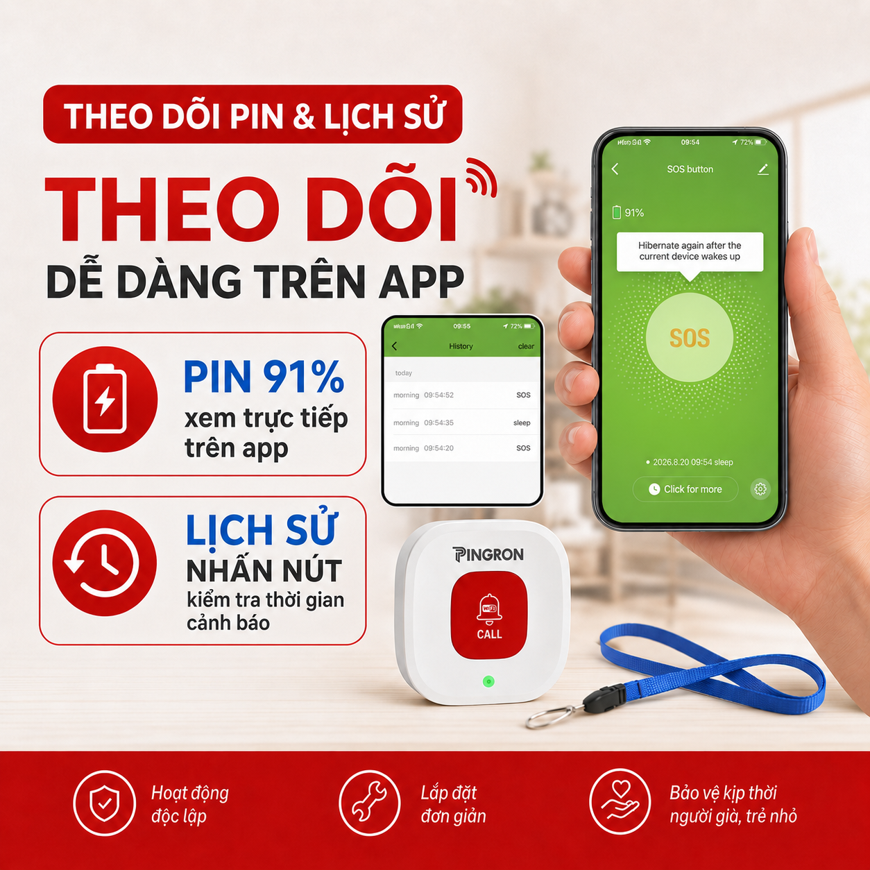 Chuông báo khẩn cấp PINGRON N01W theo dõi pin và lịch sử nhấn SOS trên ứng dụng