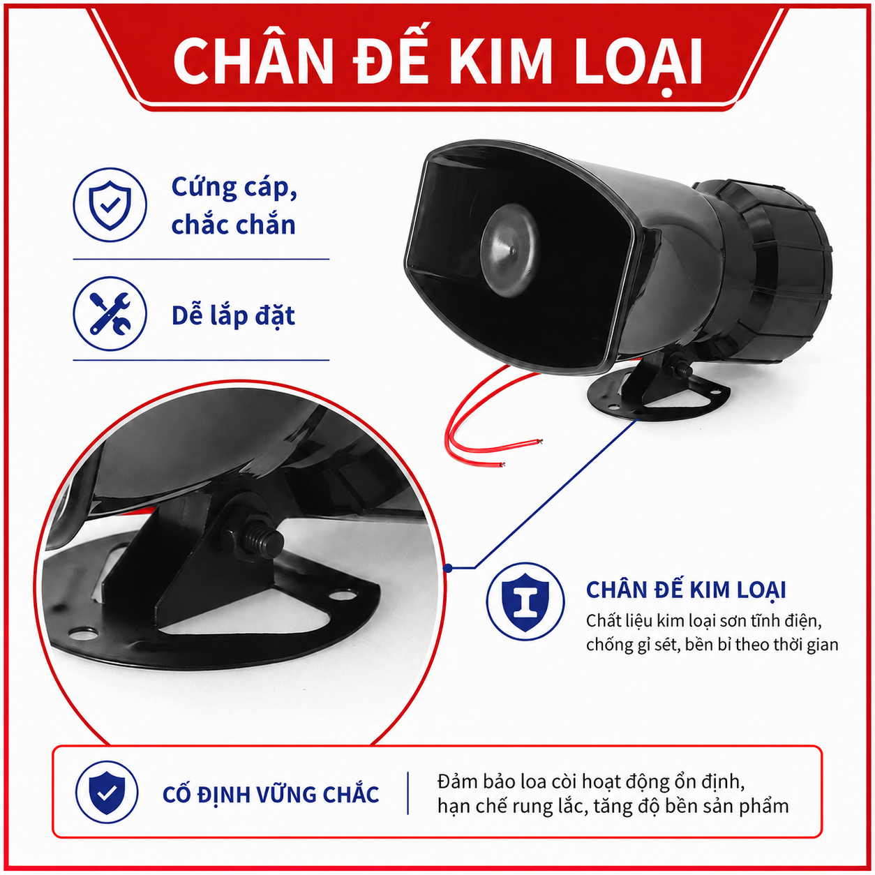 Chi tiết chân đế kim loại của còi hú báo động S09