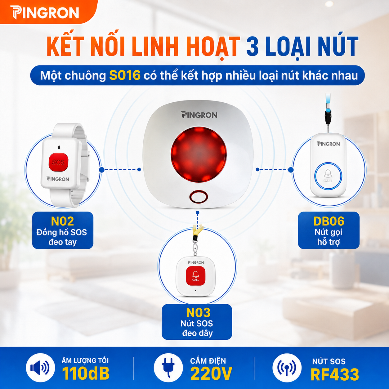Chuông báo khẩn cấp người già Pingron S016W kèm nút SOS N03 / N02 / DB06 – ảnh 6