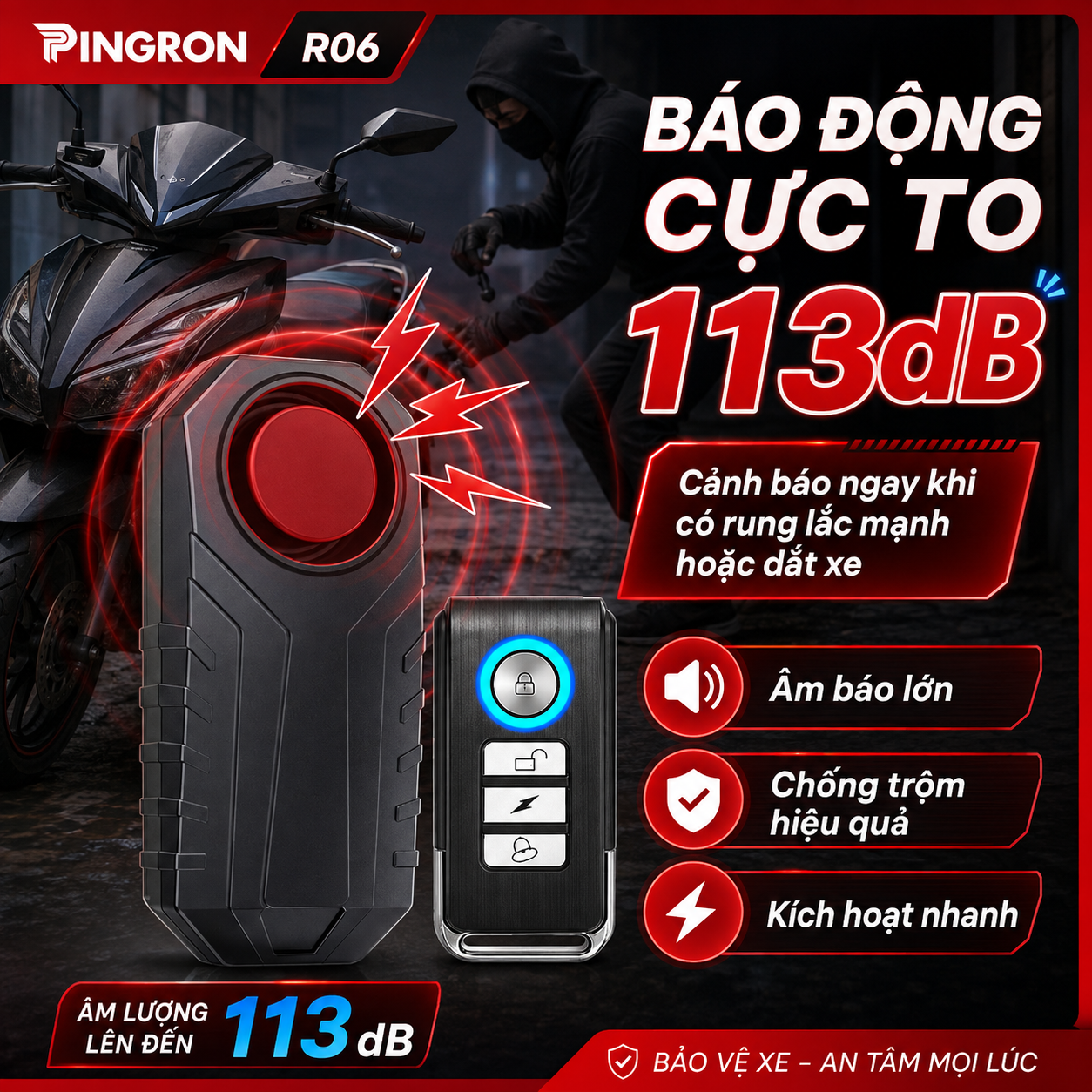 Khóa chống trộm xe máy PINGRON R06 âm báo lớn đến 113dB