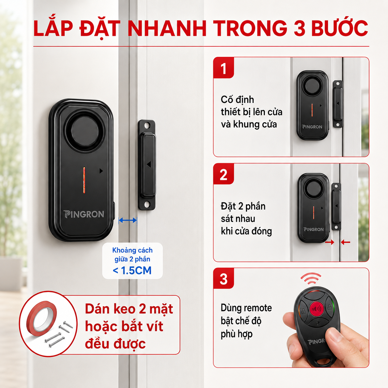 Hướng dẫn lắp đặt cảm biến cửa PINGRON C12 bằng keo hoặc bắt vít